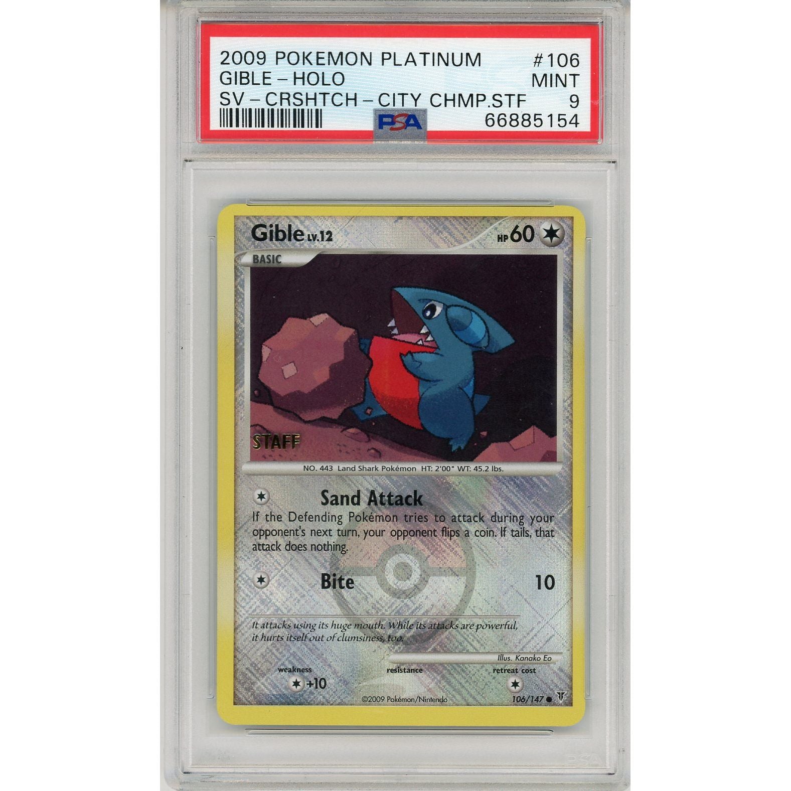 2009 Pokemon Platinum Gible- Holo City Champ Staff, PSA Mint 9 Fandom Trade 2009 Pokemon Platinum Gible- Holo City Champ Staff, PSA Mint 9 Fandom Trade