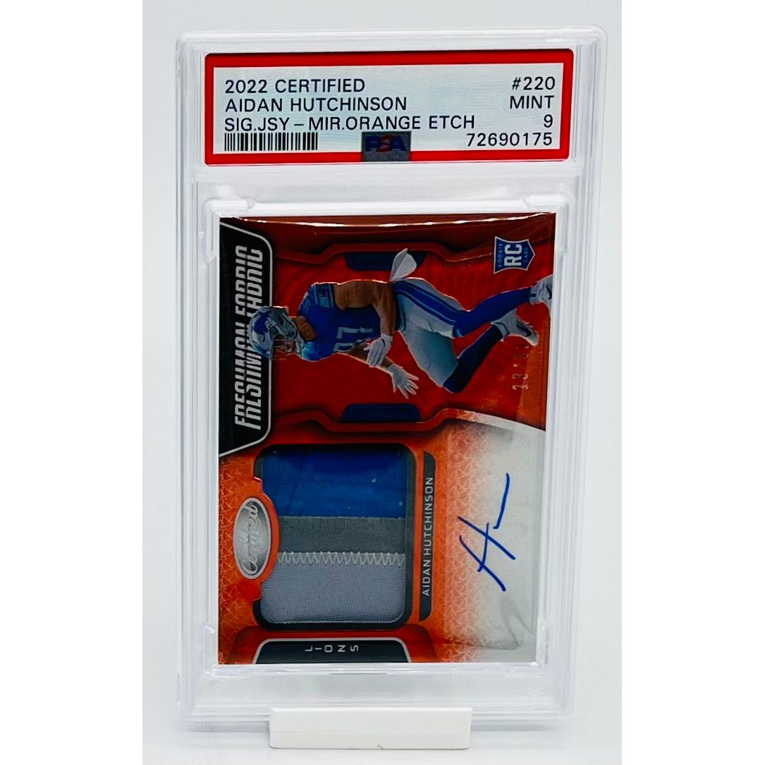 2022 Panini Certified Football Aiden Hutchinson Signature Jersey Mir. Orange ETCH PSA 9